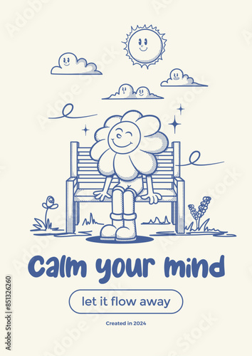 Flower retro mascot, cartoon mascot, mindfulness