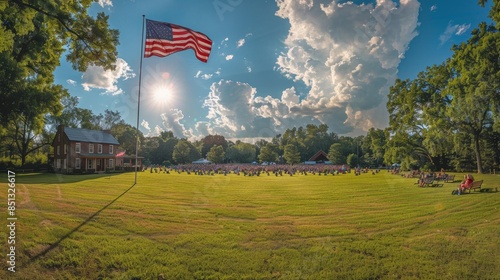 Patriotic Flag Raising at Fourth of July Community Celebration - Dynamic Perspective Eye-Level Shot photo