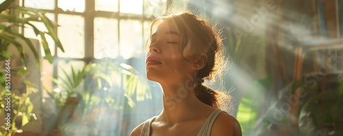 A woman enjoys peaceful sunlight streaming through a window, surrounded by plants in a serene indoor garden atmosphere.