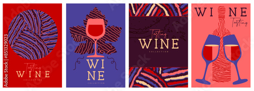 Set of modern magazine covers or posters with wine bottles and glasses. Restaurant abstract flat menu design. Wine tasting. Vector illustration