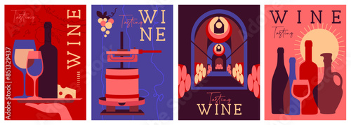 Set of modern magazine covers or posters with wine bottles and glasses. Restaurant abstract flat menu design. Wine tasting. Vector illustration