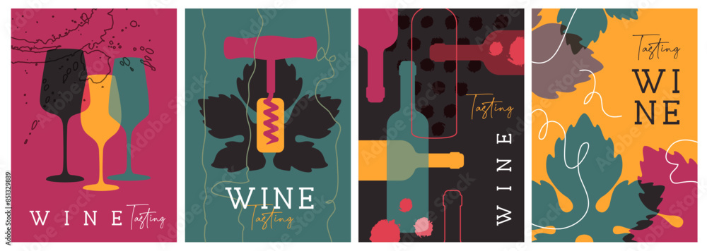 Set of modern magazine covers or posters with wine bottles and glasses. Restaurant abstract flat menu design. Wine tasting. Vector illustration Set of modern magazine covers or posters with wine bottles and glasses. Restaurant abstract flat menu design. Wine tasting. Vector illustration
