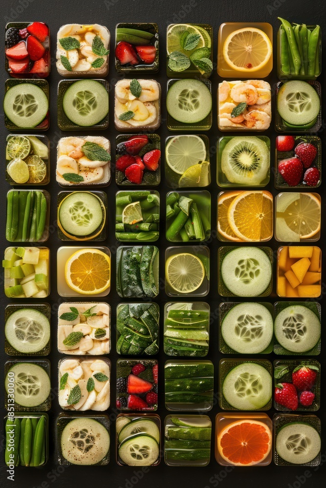 Colorful Fruit and Vegetable Cubes on a Black Background Colorful Fruit and Vegetable Cubes on a Black Background