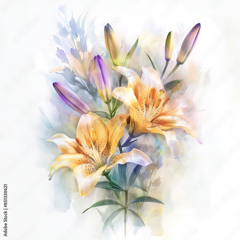 Obraz premium Water color lily flower on blank white background