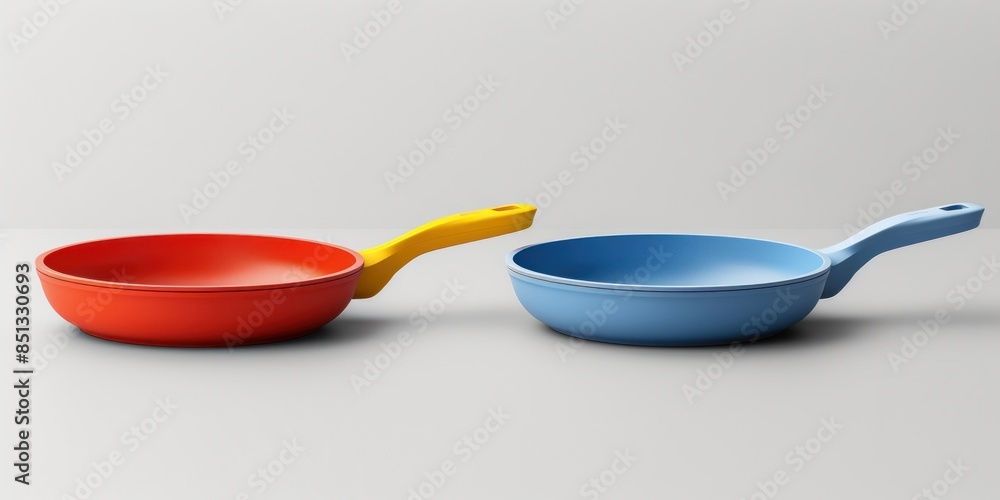 Red and Blue Skillets With Yellow Handles Red and Blue Skillets With Yellow Handles