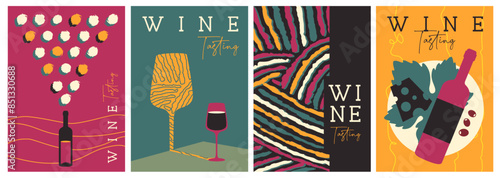 Set of modern magazine covers or posters with wine bottles and glasses. Restaurant abstract flat menu design. Wine tasting. Vector illustration