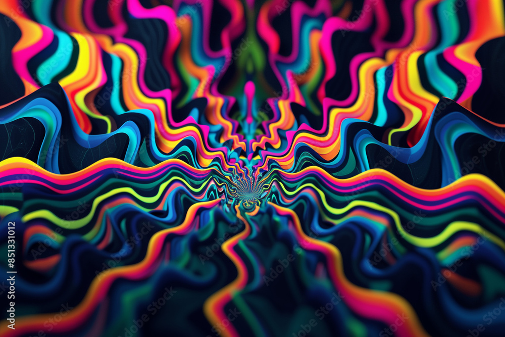 Psychedelic patterns and optical illusions in vibrant colors on black background.


