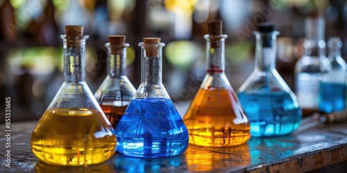 Colored Liquids in Glass Flasks on Wooden Table