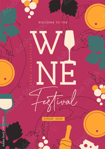 Modern wine festival party poster with wine attributes. Line art vector illustration