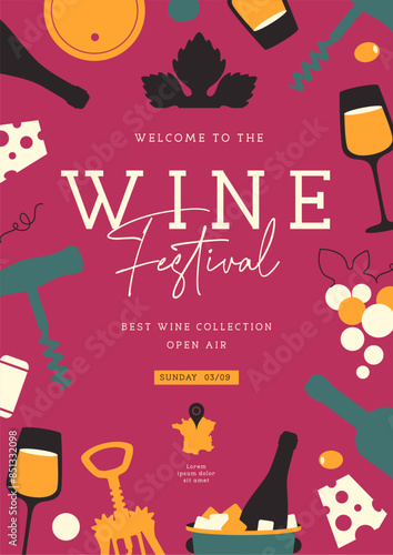 Modern wine festival party poster with wine attributes. Line art vector illustration