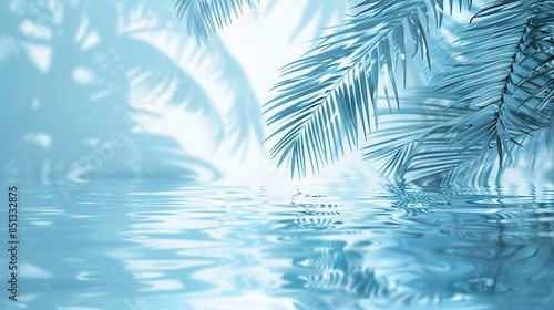 Serene Summer Pool Background with Palm Leaf Shadows and Sunlight Reflections on Light Blue Water Surface. Minimalist Aesthetic with Tropical Vibes and Copy Space for Text or Design.