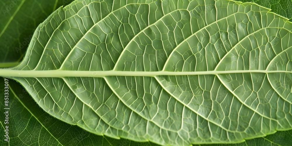 Obraz premium Detailed closeup of green leaf veins suitable for biology textbooks or articles. Concept Botany, Close-up Photography, Macro Shots, Leaf Veins, Biology Textbooks