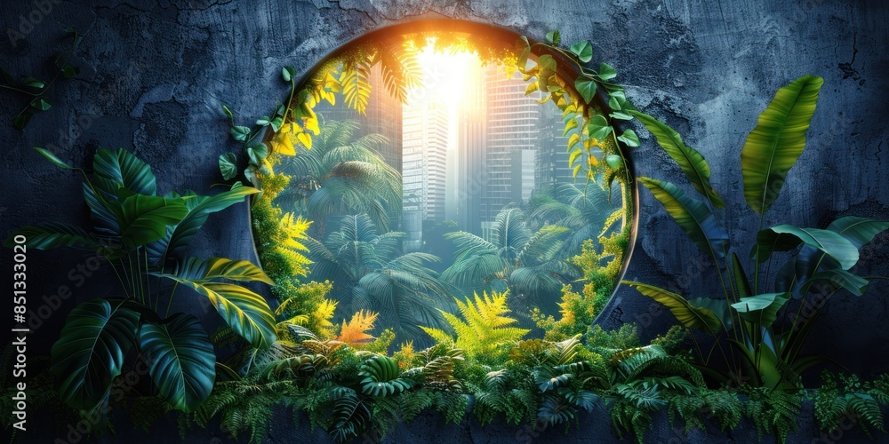 Fototapeta premium Urban Jungle Through a Circular Window