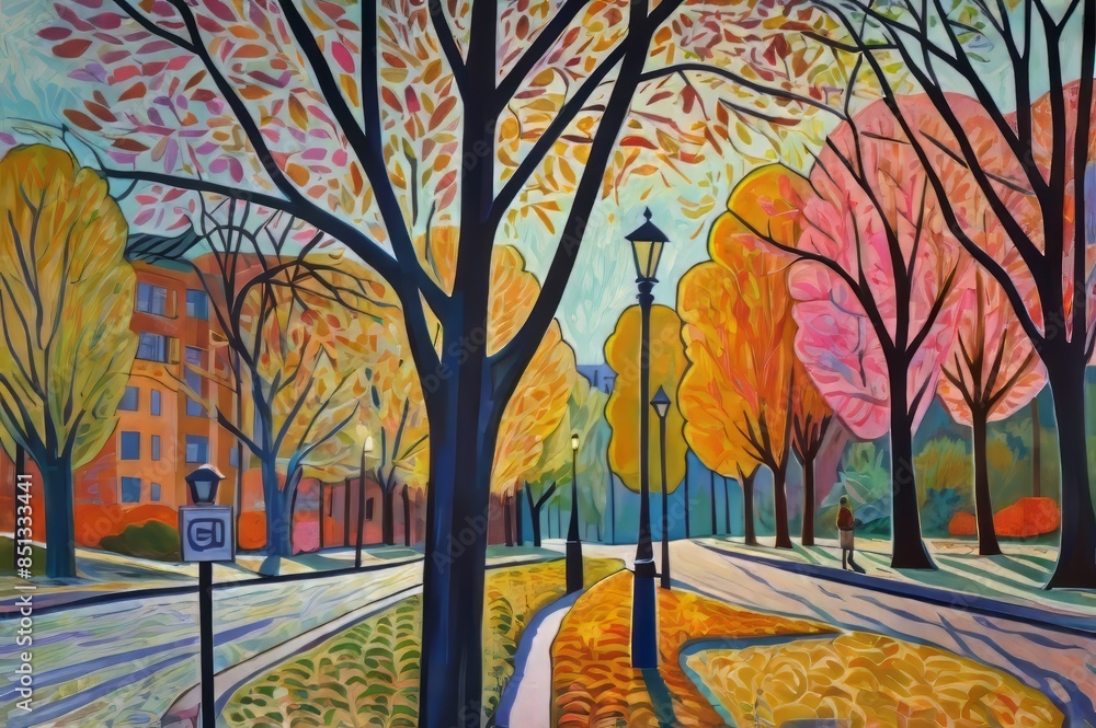 City colors in the fall season, autumn trees and leaves illustration City colors in the fall season, autumn trees and leaves illustration