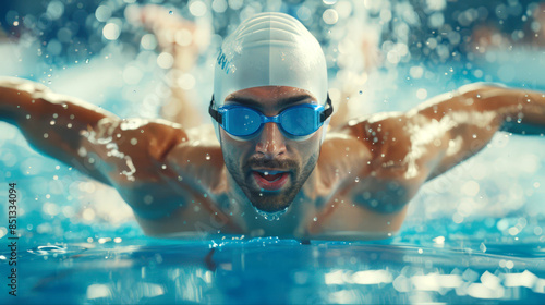 A man swims butterfly style in the pool wearing blue safety glasses and a white cap. A swimming competition. A sports concept