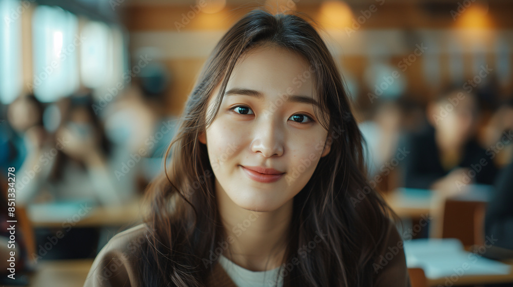 Portrait of a Young Asian Woman with a Serene Expression Sitting in a Bustling Cafe Environment Portrait of a Young Asian Woman with a Serene Expression Sitting in a Bustling Cafe Environment