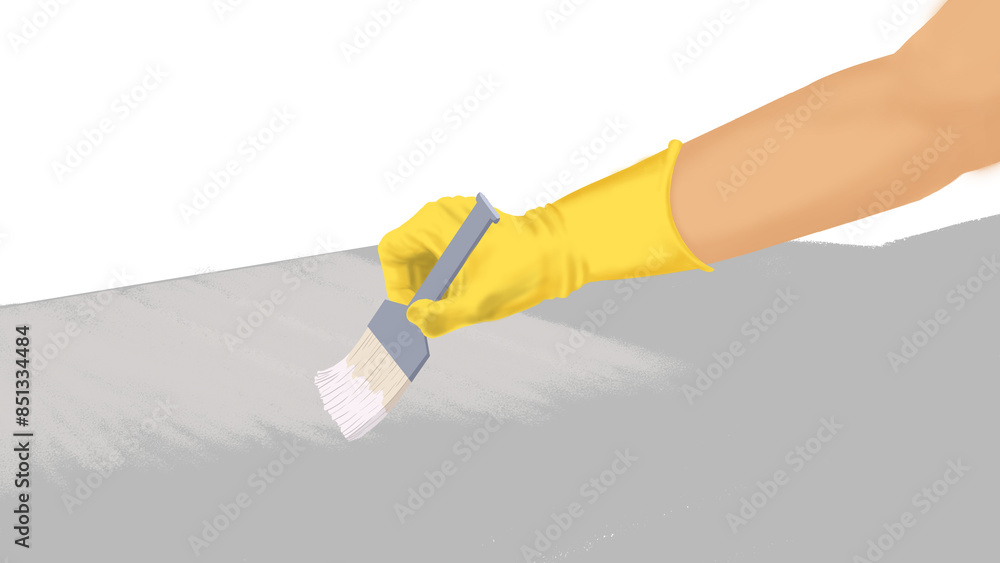 close-up of a hand wearing yellow latex gloves, using brush to paint on a white background. Cleaning or housekeeping concept background. Frame for text or advertising.Illustration or vector style close-up of a hand wearing yellow latex gloves, using brush to paint on a white background. Cleaning or housekeeping concept background. Frame for text or advertising.Illustration or vector style