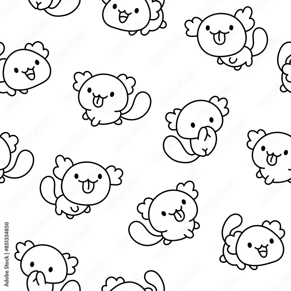 Fototapeta premium Cute kawaii axolotl. Seamless pattern. Coloring Page. Cartoon funny animals characters. Hand drawn style. Vector drawing. Design ornaments.