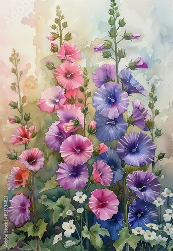 Fototapeta Naklejka Na Ścianę i Meble -  A vibrant of hollyhock flowers complements the colorful blooms in watercolor style.