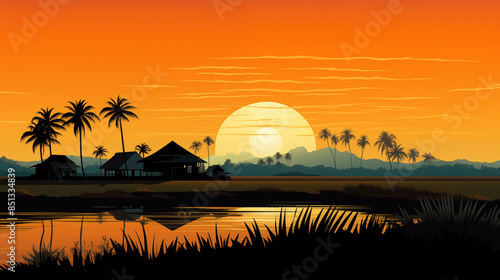 Thai rural life with rice field and hut in sunset time