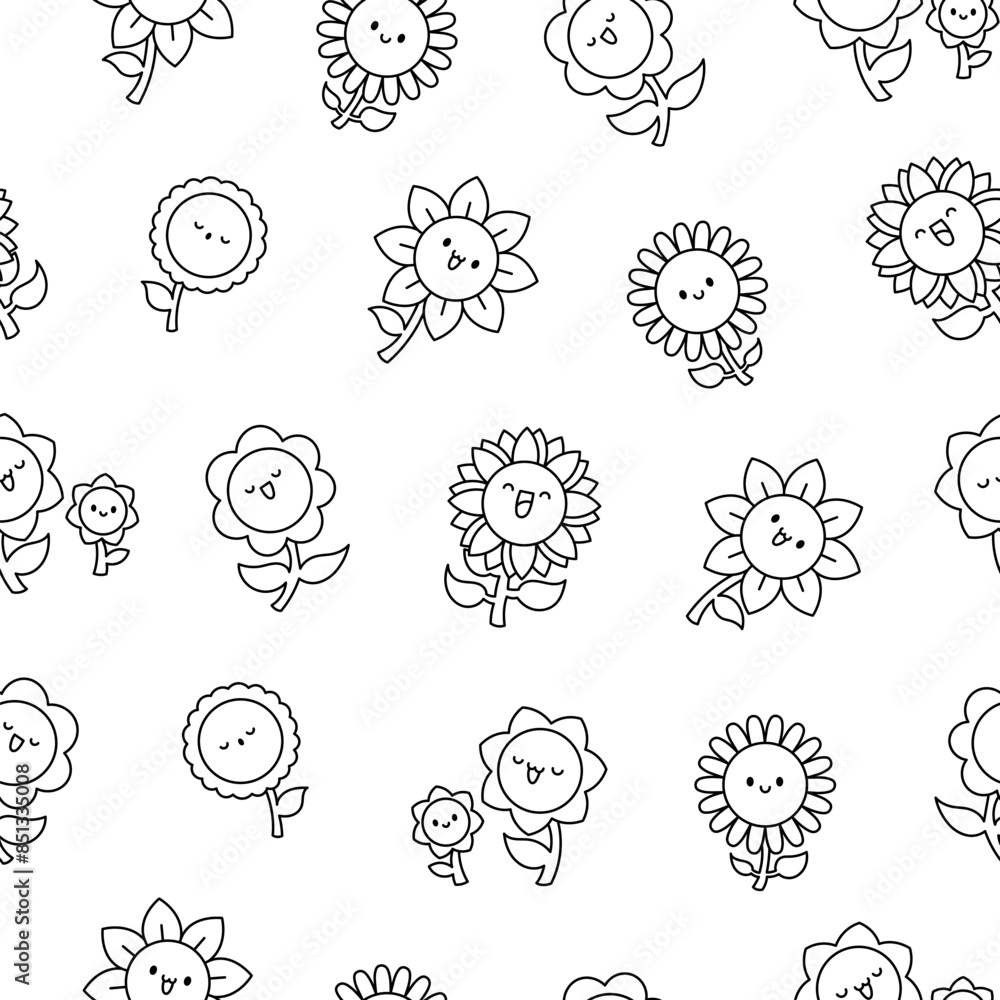 Kawaii cute sunflower. Seamless pattern. Coloring Page. Cartoon flower ...