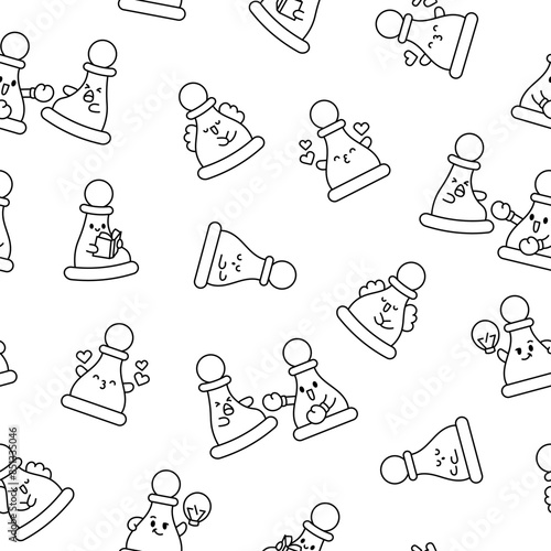 Cute chess pawn with happy face. Seamless pattern. Coloring Page. Cartoon kawaii character. Hand drawn style. Vector drawing. Design ornaments.