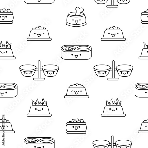 Pets bowl with happy face. Seamless pattern. Coloring Page. Food for cats and dogs. Cartoon kawaii character. Hand drawn style. Vector drawing.
