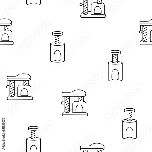 Scratching post for home cats. Seamless pattern. Coloring Page. Kitty houses and furniture. Veterinary shop merchandise. Hand drawn style. Vector drawing. Design ornaments.