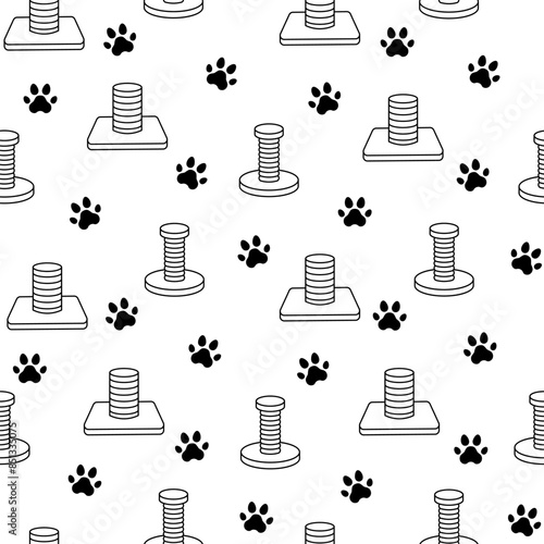 Scratching post for home cats. Seamless pattern. Coloring Page. Kitty houses and furniture. Veterinary shop merchandise. Hand drawn style. Vector drawing. Design ornaments.