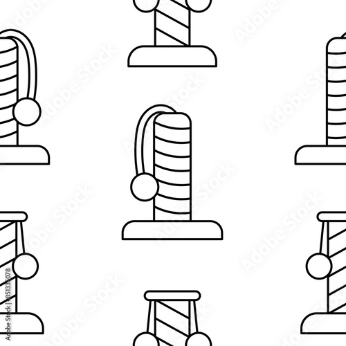 Scratching post for home cats. Seamless pattern. Coloring Page. Kitty houses and furniture. Veterinary shop merchandise. Hand drawn style. Vector drawing. Design ornaments.