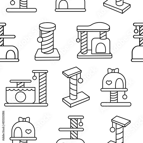 Scratching post for home cats. Seamless pattern. Coloring Page. Kitty houses and furniture. Veterinary shop merchandise. Hand drawn style. Vector drawing. Design ornaments.