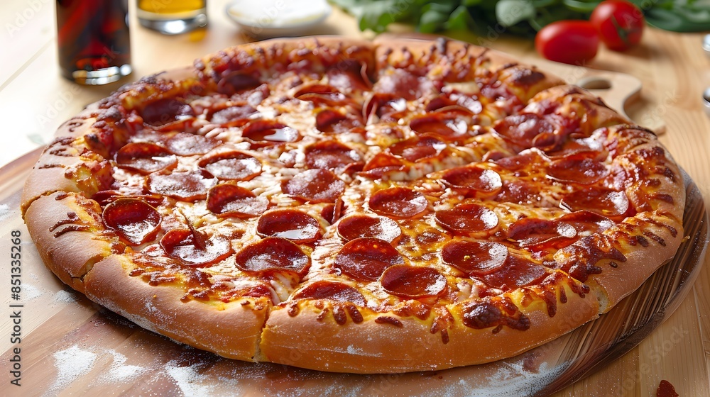 Large pepperoni pizza with a thick crust and extra cheese, emphasizing ...