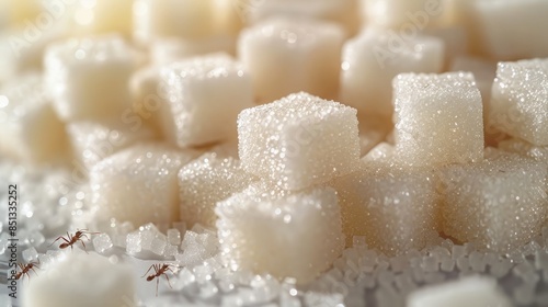 Picture of a big pile of sugar with ants walking next to it. Eating sugar can cause diabetes.