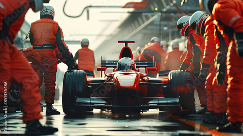 Professional pit crew ready for action as their team's race car arrives in the pit lane during a pitstop of a car race, concept of ultimate teamwork