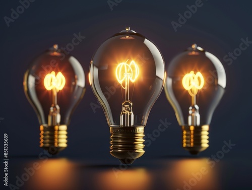 Three glowing light bulbs on a dark background.  The bulbs are arranged in a row, with the middle bulb being in focus.  The bulbs represent ideas and inspiration.