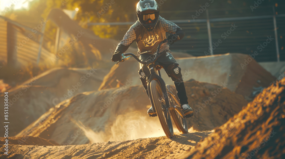 Fototapeta premium BMX motocross competition. A man in full gear rides a bmx bike on a dirt road with slides. A sports concept. An extreme sport