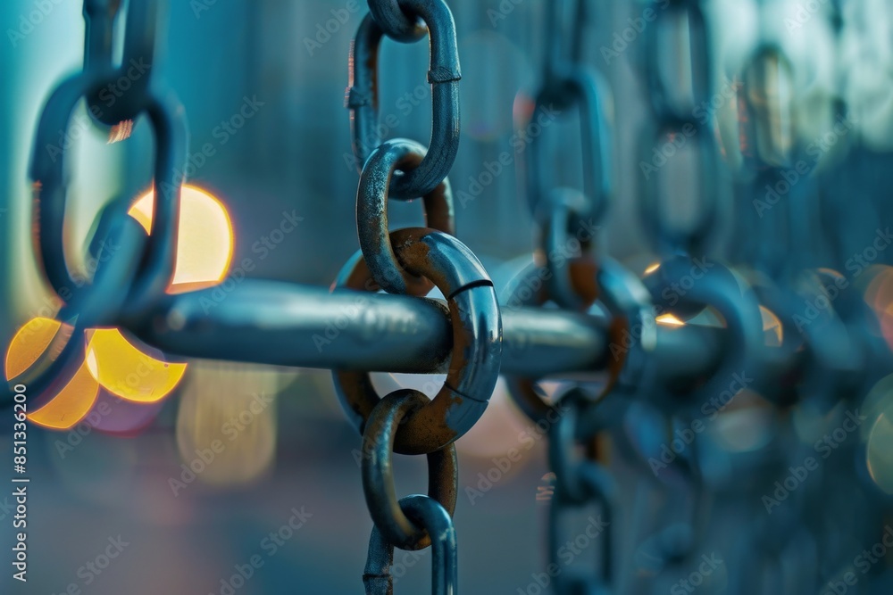 A close-up shot of a metal chain linked to a bar. The chain is in focus, while the background is blurred. A close-up shot of a metal chain linked to a bar. The chain is in focus, while the background is blurred.