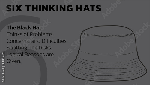 Illustration of The Black Hat. The black hat from Six Thinking Hats about caution and judgement. Illustration for slide presentation or web banner. Vector illustration. All in a single layer.