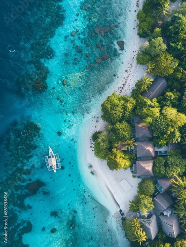 Luxury island landscape in Maldives Sail boat blue sea water horizon reef water villas Tropical beach amazing aerial seascape view from drone Beautiful nature people snorkel excursion recreatio photo