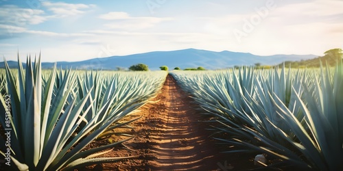 South American agave field used for tequila and cosmetics production. Concept Agave Farming, Tequila Production, Cosmetics Industry, South American Agriculture, Sustainable Farming photo