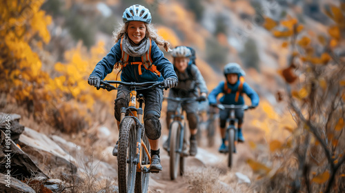 A young woman smiles as she leads a group of mountain bikers through a scenic trail. The trail is lined with colorful autumn leaves
