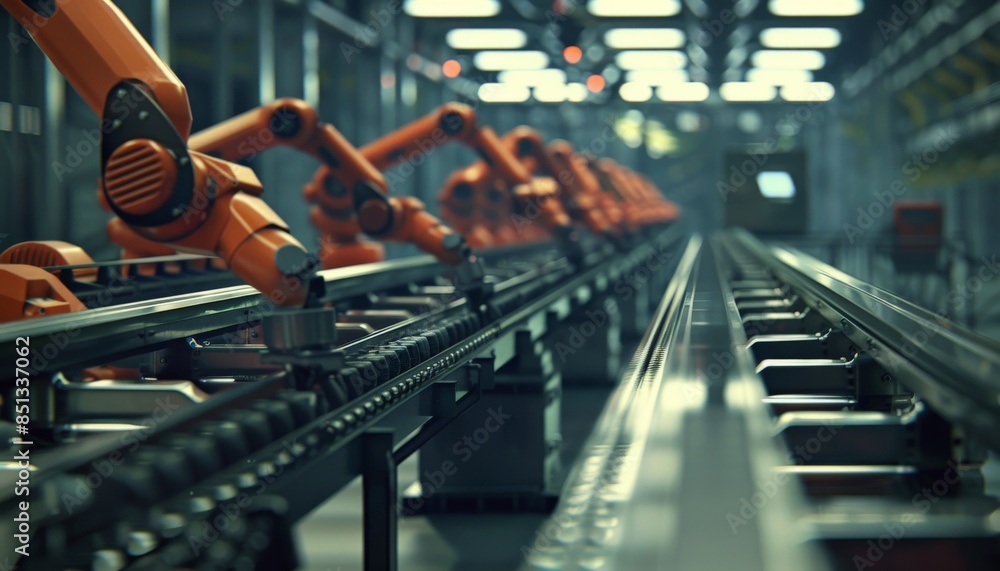 A row of robotic arms work in a factory assembly line.  The robotic arms are orange and are moving along the line.  The factory is clean and modern.