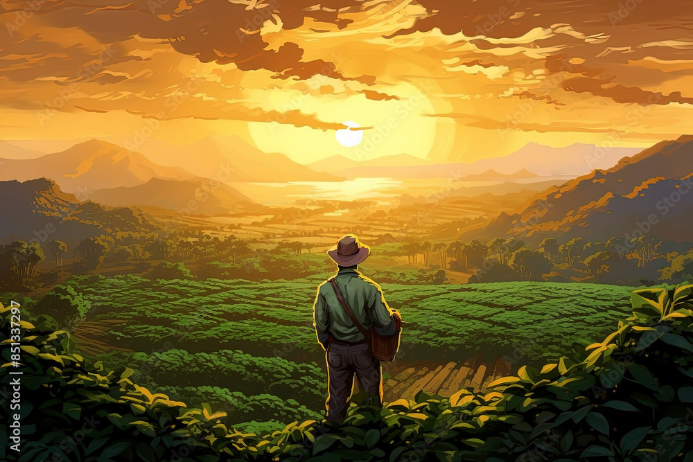 Fototapeta premium man looking at tea plantation at sunrise. Generative Ai