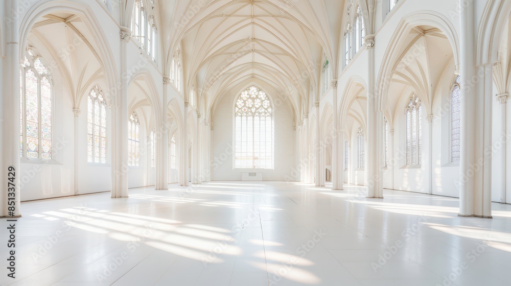 Bright, spacious, and empty cathedral interior with white walls and tall, arched windows, flooded with natural light, evoking a sense of peace. Bright, spacious, and empty cathedral interior with white walls and tall, arched windows, flooded with natural light, evoking a sense of peace.