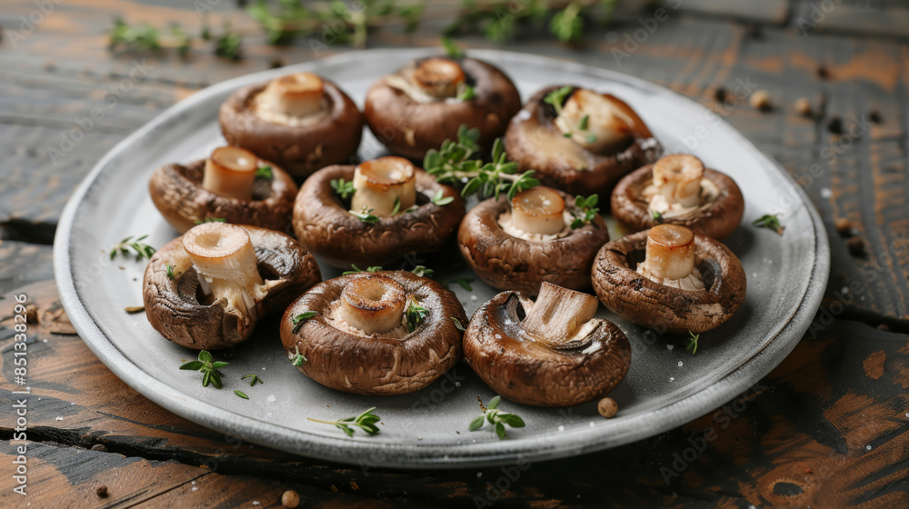 delicious mushrooms with thyme on rustic plate. a health food concept