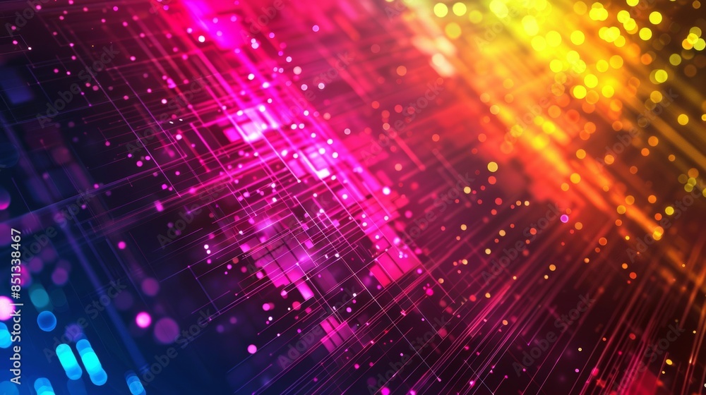 Vibrant and dynamic abstract technology grid background with colorful geometric shapes and digital elements Vibrant and dynamic abstract technology grid background with colorful geometric shapes and digital elements