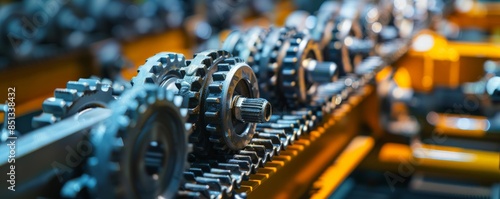 Closeup of a complex machinery with gears and chains.