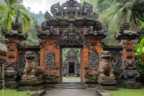Photo of a temple gate adorned with fierce guardian statues photo