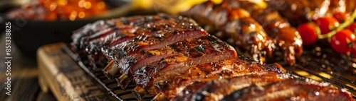 Close-up of grilled ribs, glazed and glistening, ready to eat. photo