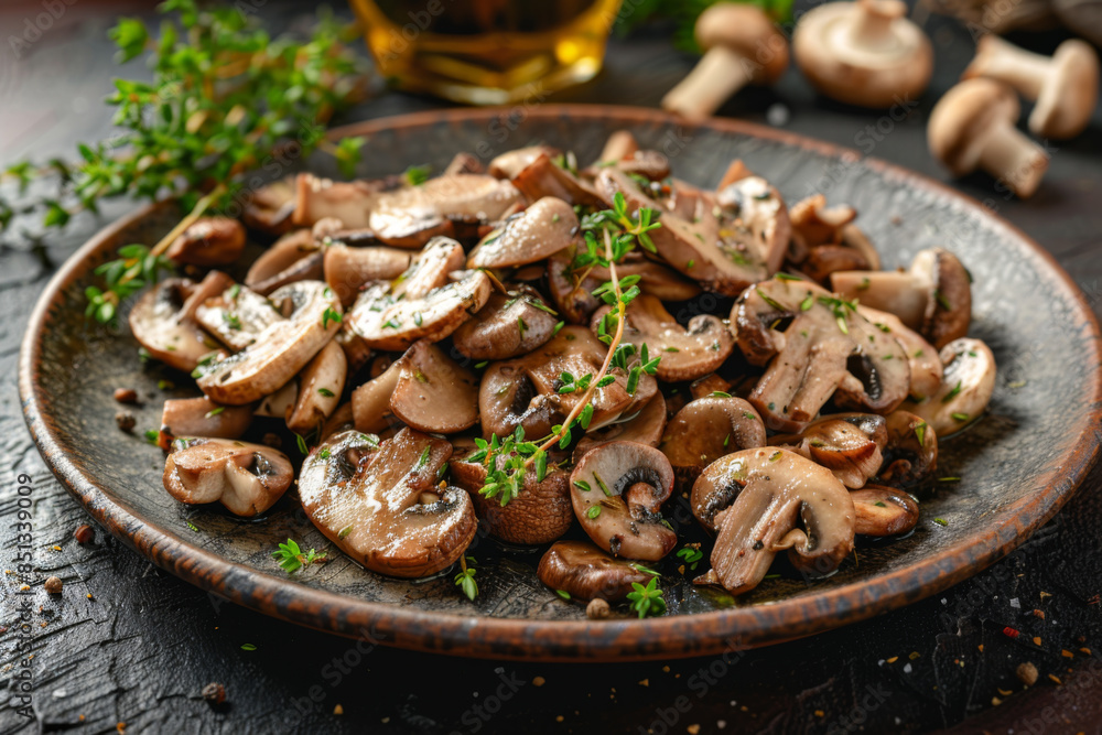 delicious mushrooms with thyme on rustic plate. a health food concept delicious mushrooms with thyme on rustic plate. a health food concept
